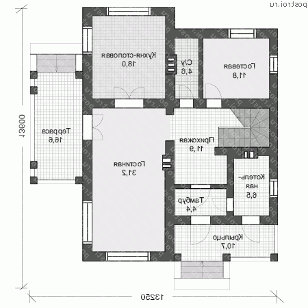 U-175-1P проект двухэтажного дома из пеноблоков размером 14 на 13 - 1-й этаж