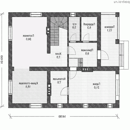 U-177-1P проект одноэтажного дома из пеноблоков с мансардой и гаражом размером 14 на 10  - 1-й этаж