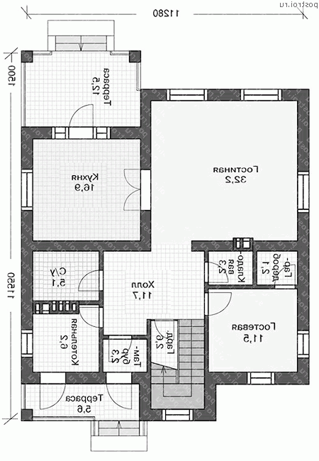U-183-1P проект двухэтажного дома из пеноблоков размером 13 на 11  - 1-й этаж