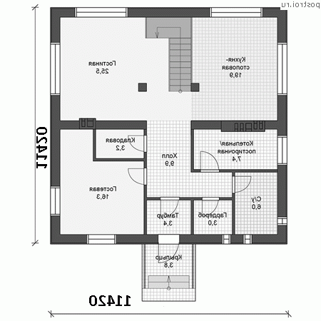 U-185-2K проект двухэтажного дома из кирпича размером 11 на 11  - 1-й этаж
