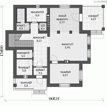 U-187-5P проект одноэтажного дома из пеноблоков с мансардой размером 15 на 12  - 1-й этаж