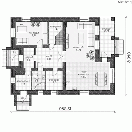 U-189-1P проект двухэтажного дома из пеноблоков размером 13 на 10 - 1-й этаж