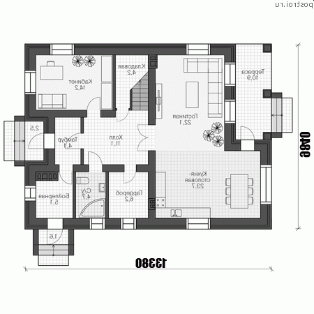 U-189-2K проект двухэтажного дома из кирпича размером 10 на 13 - 1-й этаж