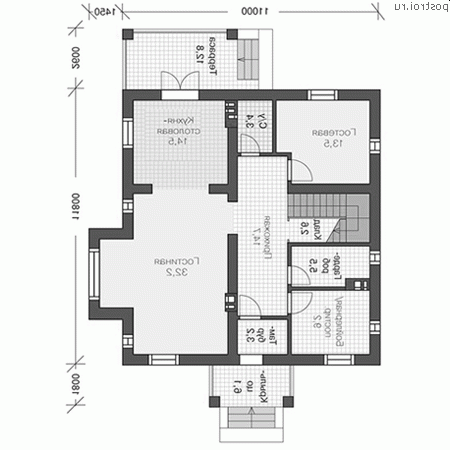 U-190-2P проект двухэтажного коттеджа из пенобетона размером 11 на 12 - 1-й этаж