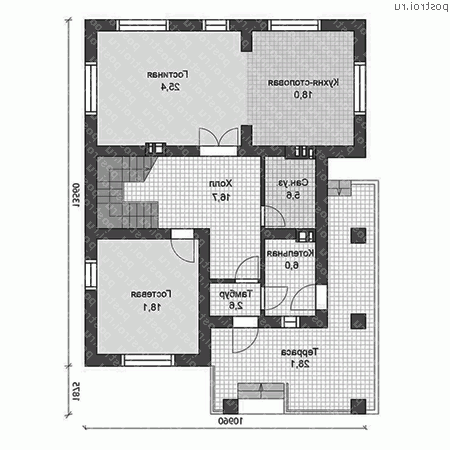 U-191-1P проект одноэтажного коттеджа из пенобетона с мансардой размером 15 на 11  - 1-й этаж
