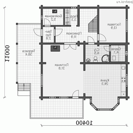 U-193-1D проект двухэтажного деревянного коттеджа из бруса размером 10 на 11  - 1-й этаж