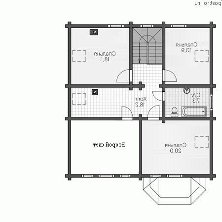 U-193-1D проект двухэтажного деревянного коттеджа из бруса размером 10 на 11  - 2-й этаж