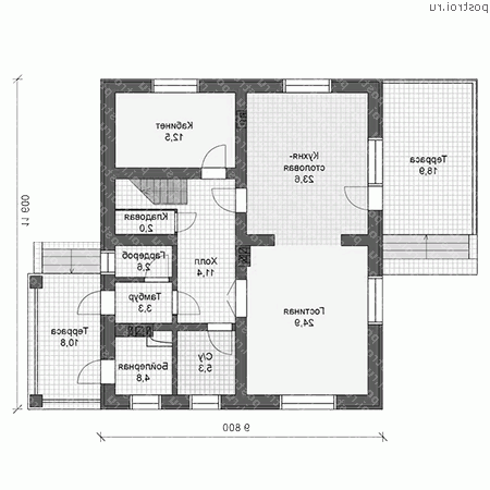 U-193-1P проект двухэтажного дома из пеноблоков размером 12 на 10 - 1-й этаж U-193-1P проект двухэтажного дома из пеноблоков размером 12 на 10 - 1-й этаж