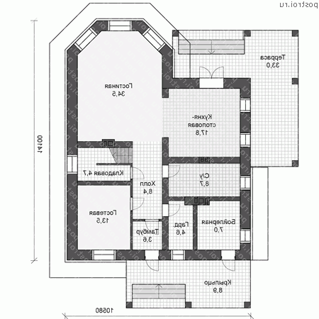 U-194-1K проект двухэтажного коттеджа из кирпича размером 14 на 11 - 1-й этаж U-194-1K проект двухэтажного коттеджа из кирпича размером 14 на 11 - 1-й этаж