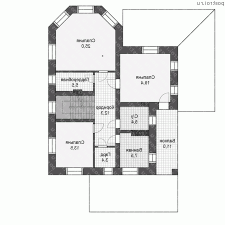 U-194-1K проект двухэтажного коттеджа из кирпича размером 14 на 11 - 2-й этаж U-194-1K проект двухэтажного коттеджа из кирпича размером 14 на 11 - 2-й этаж