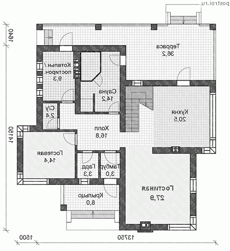 U-202-1P проект двухэтажного дома из пенобетона размером 16 на 15  - 1-й этаж