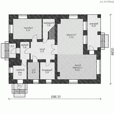 U-203-1K проект двухэтажного дома из кирпича размером 13 на 10  - 1-й этаж