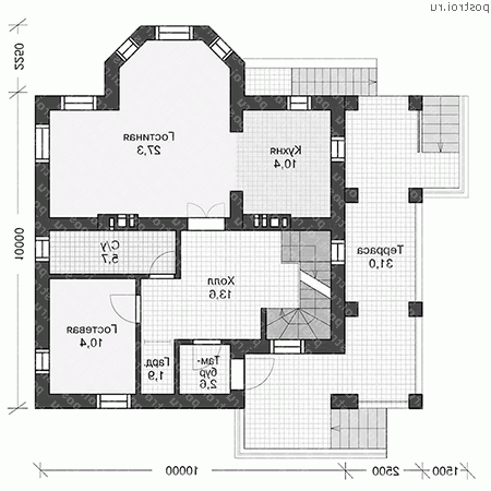 U-224-1P проект двухэтажного коттеджа из газобетона с цоколем размером 12 на 14  - 1-й этаж