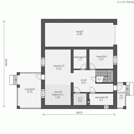 U-228-2P проект двухэтажного коттеджа из газобетона с гаражом размером 14 на 12 - 1-й этаж