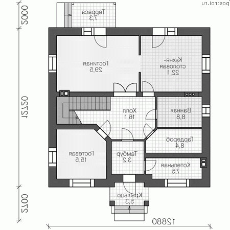 U-230-2K проект двухэтажного дома из кирпича размером 13 на 13  - 1-й этаж