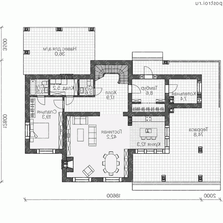 U-236-1P проект двухэтажного дома из газобетона с гаражом размером 19 на 13  - 1-й этаж