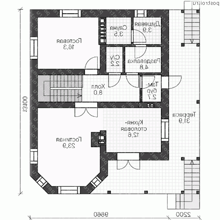 U-237-1P проект двухэтажного дома из газобетона с цоколем и гаражом размером 13 на 11  - 1-й этаж
