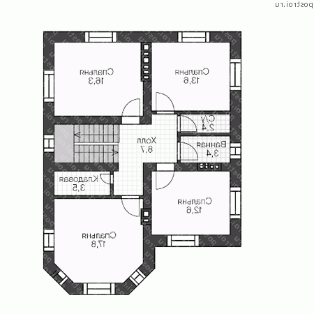 U-237-1P проект двухэтажного дома из газобетона с цоколем и гаражом размером 13 на 11  - 2-й этаж