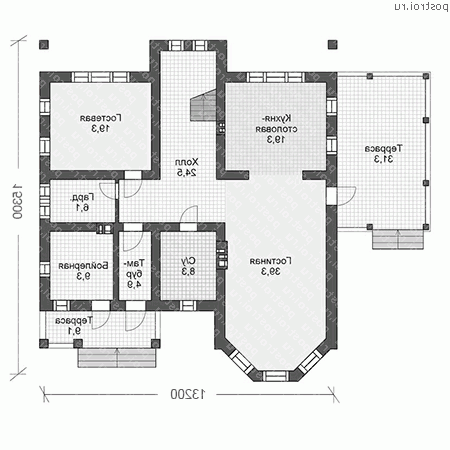 U-241-1P проект двухэтажного дома из газобетона размером 15 на 13  - 1-й этаж