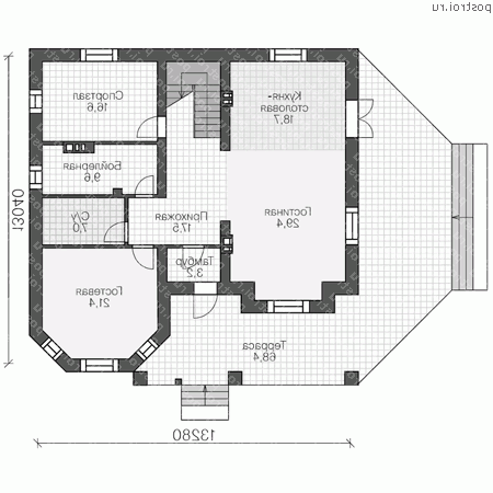 U-244-1P проект двухэтажного дома из газобетона с мансардой размером 13 на 13  - 1-й этаж
