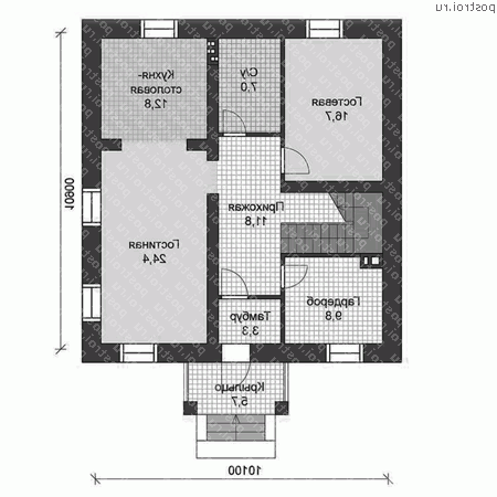 U-259-1K проект двухэтажного коттеджа из кирпича с цоколем размером 11 на 10  - 1-й этаж