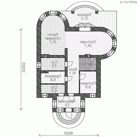 U-270-1K проект двухэтажного дома из кирпича с цоколем размером 12 на 9  - 1-й этаж