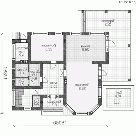 U-276-1P проект двухэтажного дома из пеноблоков размером 13 на 15  - 1-й этаж