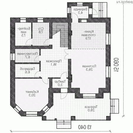 U-291-1K проект двухэтажного коттеджа из кирпича с мансардой размером 15 на 13  - 1-й этаж