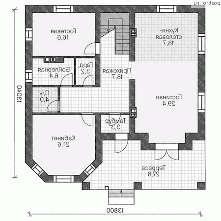 U-294-1P проект двухэтажного дома из пеноблоков с мансардой размером 13 на 13  - 1-й этаж