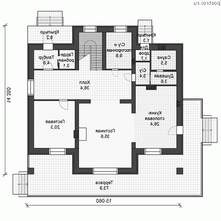 U-296-1P проект двухэтажного дома из пеноблоков размером 15 на 14 - 1-й этаж