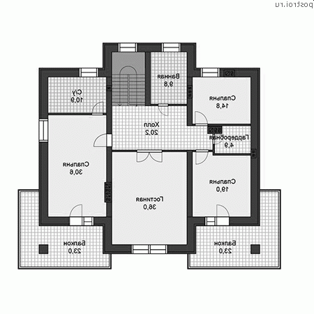 U-296-1P проект двухэтажного дома из пеноблоков размером 15 на 14 - 2-й этаж