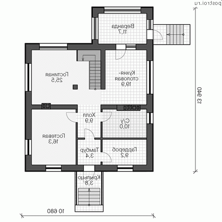 U-306-1P проект двухэтажного коттеджа из пенобетона с цоколем размером 11 на 14  - 1-й этаж