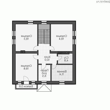 U-306-1P проект двухэтажного коттеджа из пенобетона с цоколем размером 11 на 14  - 2-й этаж