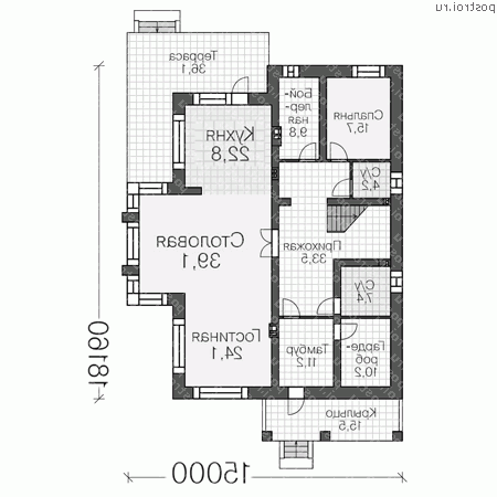 U-349-1K проект двухэтажного дома из кирпича размером 18 на 15  - 1-й этаж