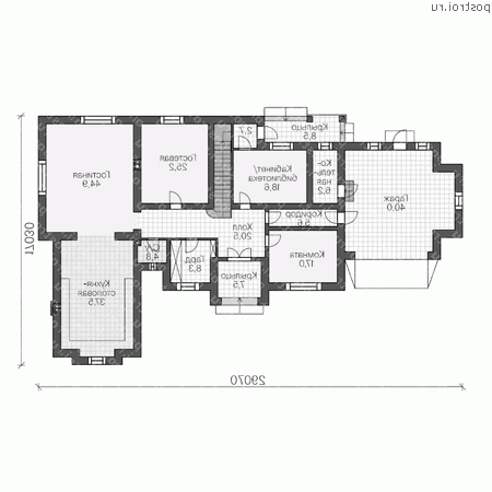U-352-1K проект одноэтажного коттеджа из кирпича с мансардой и гаражом размером 17 на 29 - 1-й этаж