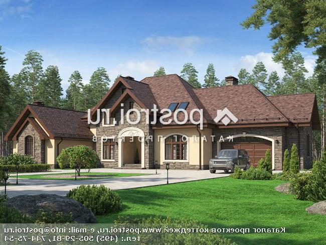 U-352-1K проект одноэтажного коттеджа из кирпича с мансардой и гаражом размером 17 на 29