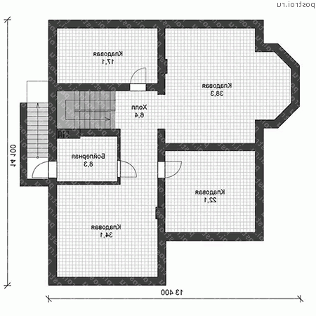U-372-1P проект двухэтажного дома из газобетона с цоколем размером 14 на 13  - цоколь