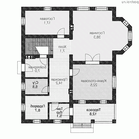 U-372-1P проект двухэтажного дома из газобетона с цоколем размером 14 на 13  - 1-й этаж