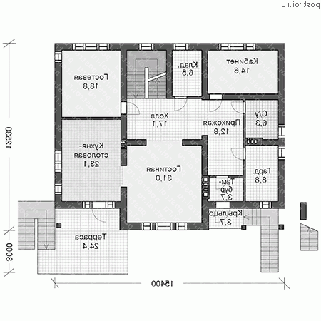 U-390-1P проект двухэтажного дома из газобетона с цоколем и гаражом размером 16 на 15  - 1-й этаж