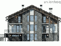 U-390-1P проект двухэтажного дома из газобетона с цоколем и гаражом размером 16 на 15  - вид спереди
