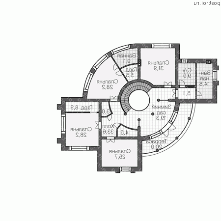 U-524-1M проект трехэтажного монолитного дома размером 23 на 32 - 2-й этаж