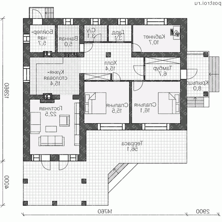V-119-1P проект одноэтажного коттеджа из пенобетона размером 13 на 15  - 1-й этаж
