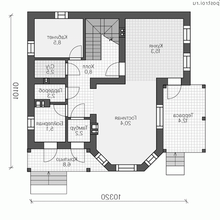 V-124-1P проект одноэтажного коттеджа из газобетона с мансардой размером 10 на 10 - 1-й этаж