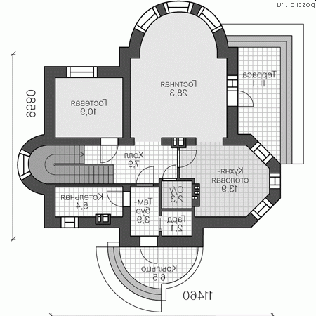 V-146-1P проект двухэтажного дома из газобетона размером 11 на 10  - 1-й этаж