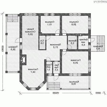 V-165-1P проект одноэтажного дома из пеноблоков размером 16 на 16  - 1-й этаж