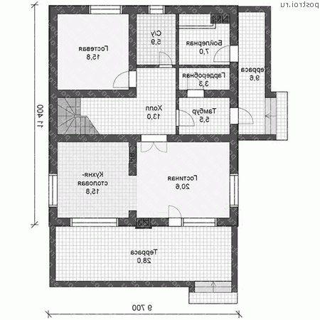 V-172-1P проект одноэтажного дома из пеноблоков с мансардой размером 11 на 10  - 1-й этаж