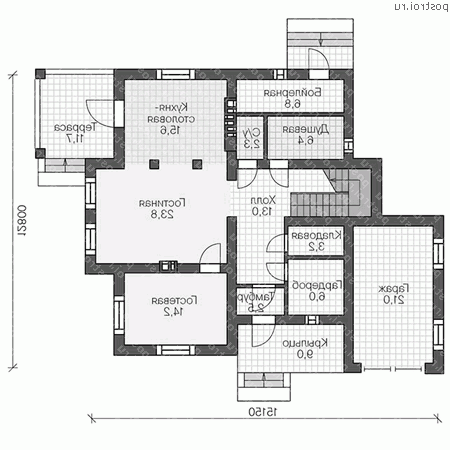 V-195-1P проект одноэтажного коттеджа из пенобетона с мансардой и гаражом размером 13 на 15  - 1-й этаж
