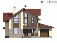 V-197-1K проект двухэтажного коттеджа из кирпича с гаражом размером 14 на 13  - вид спереди