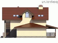 V-197-1K проект двухэтажного коттеджа из кирпича с гаражом размером 14 на 13  - вид слева