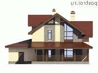 V-197-1K проект двухэтажного коттеджа из кирпича с гаражом размером 14 на 13  - вид сзади